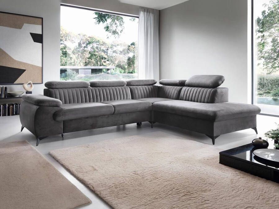 Pascal Morabito Grote slaapbank met rechtse hoek in antracietgrijs fluweel – SAMARA van L 275 cm x H 75 cm x D 221 cm