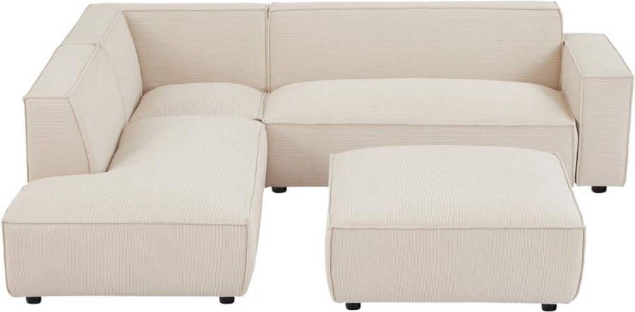 Pascal Morabito Grote hoekbank met hoek links en poef van beige ribfluweel BORORE L 256 cm x H 75 cm x D 231 cm