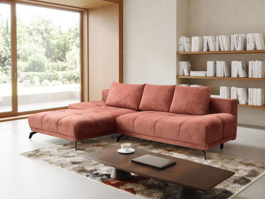 Hoekslaapbank met hoek links van terracottakleurige stof met textuur CASTALA van Pascal Morabito L 290 cm x H 90 cm x D 182 cm