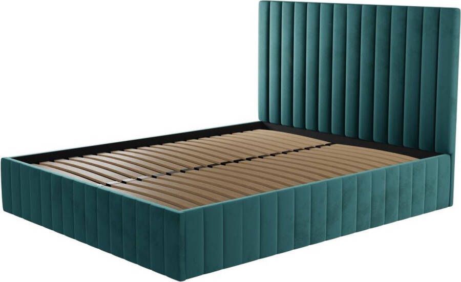 Pascal Morabito Kofferbed en hoofdbord met verticale stiksels 160 x 200 cm Fluweel Eendblauw LARALI van L 174 cm x H 120 cm x D 215 cm