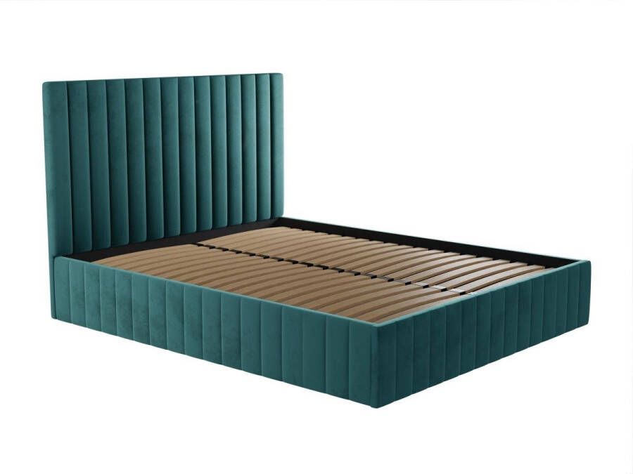 Pascal Morabito Kofferbed en hoofdbord met verticale stiksels 180 x 200 cm Fluweel Taupe LARALI van L 194 cm x H 120 cm x D 215 cm - Foto 2