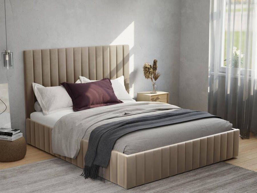Pascal Morabito Kofferbed met hoofdbord met verticale naden 140 x 190 cm Velours Taupe LARALI van L 154 cm x H 120 cm x D 212 cm