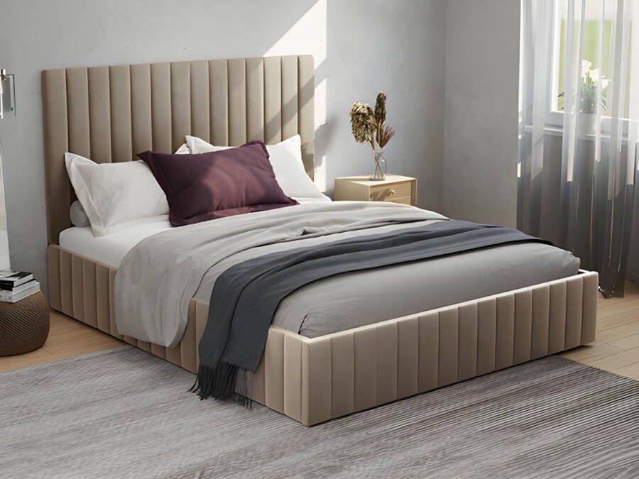 Pascal Morabito Kofferbed met hoofdbord met verticale naden 180 x 200 cm Velours Taupe LARALI van L 194 cm x H 120 cm x D 215 cm
