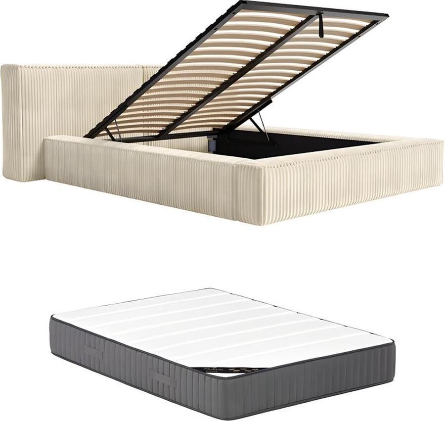 Pascal Morabito Bed met opbergruimte 180 x 200 cm Ribfluweel met brede ribbels Beige + matras TIMANO van L 246 cm x H 90 cm x D 252 cm