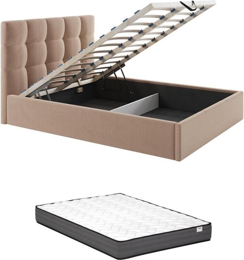 Pascal Morabito Bed met opbergruimte 160 x 200 cm Fluweel Beige + matras MIRDAL van L 173 cm x H 104 cm x D 210 cm