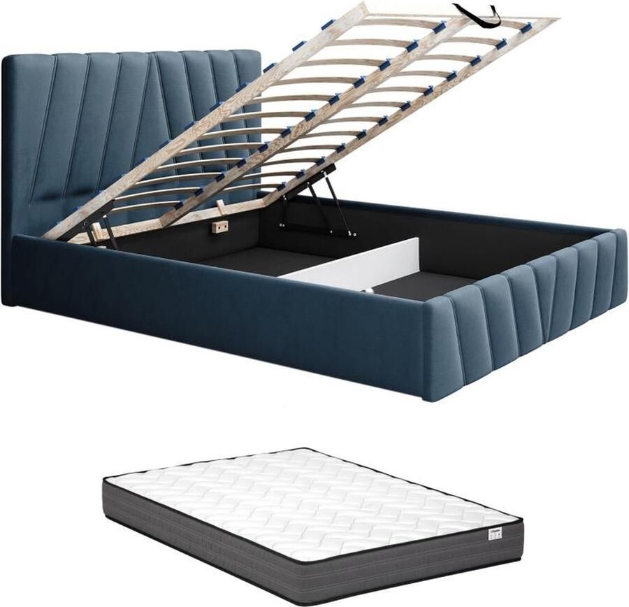Pascal Morabito Bed met opbergruimte 160 x 200 cm Fluweel Blauw + matras LIDAMA van L 173 cm x H 104 cm x D 210 cm