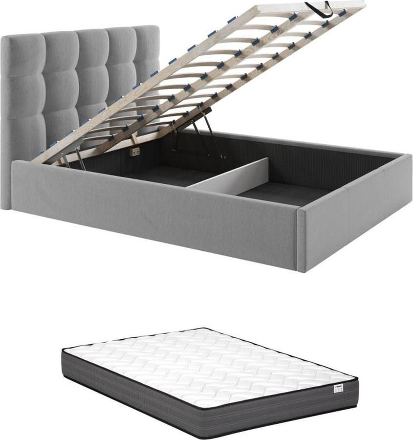 Pascal Morabito Bed met opbergruimte 160 x 200 cm Fluweel Grijs + matras MIRDAL van L 173 cm x H 104 cm x D 210 cm