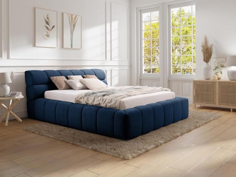 Pascal Morabito Bed met opbergruimte 160 x 200 cm Stof Donkerblauw + matras FORVIK II van L 204 cm x H 95 cm x D 255 cm - Foto 3