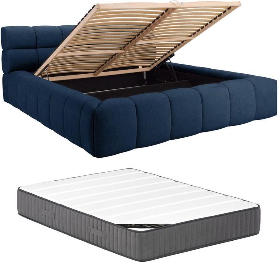 Pascal Morabito Bed met opbergruimte 160 x 200 cm Stof Donkerblauw + matras FORVIK II van L 204 cm x H 95 cm x D 255 cm