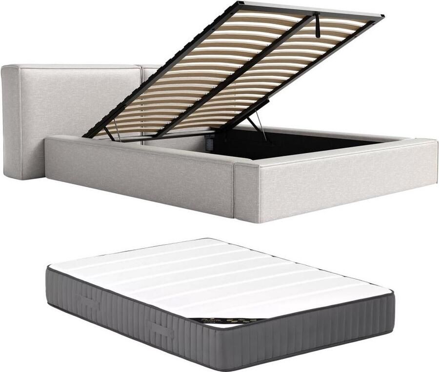 Pascal Morabito Bed met opbergruimte 160 x 200 cm Stof Lichtgrijs + matras TIMANO van L 226 cm x H 90 cm x D 252 cm