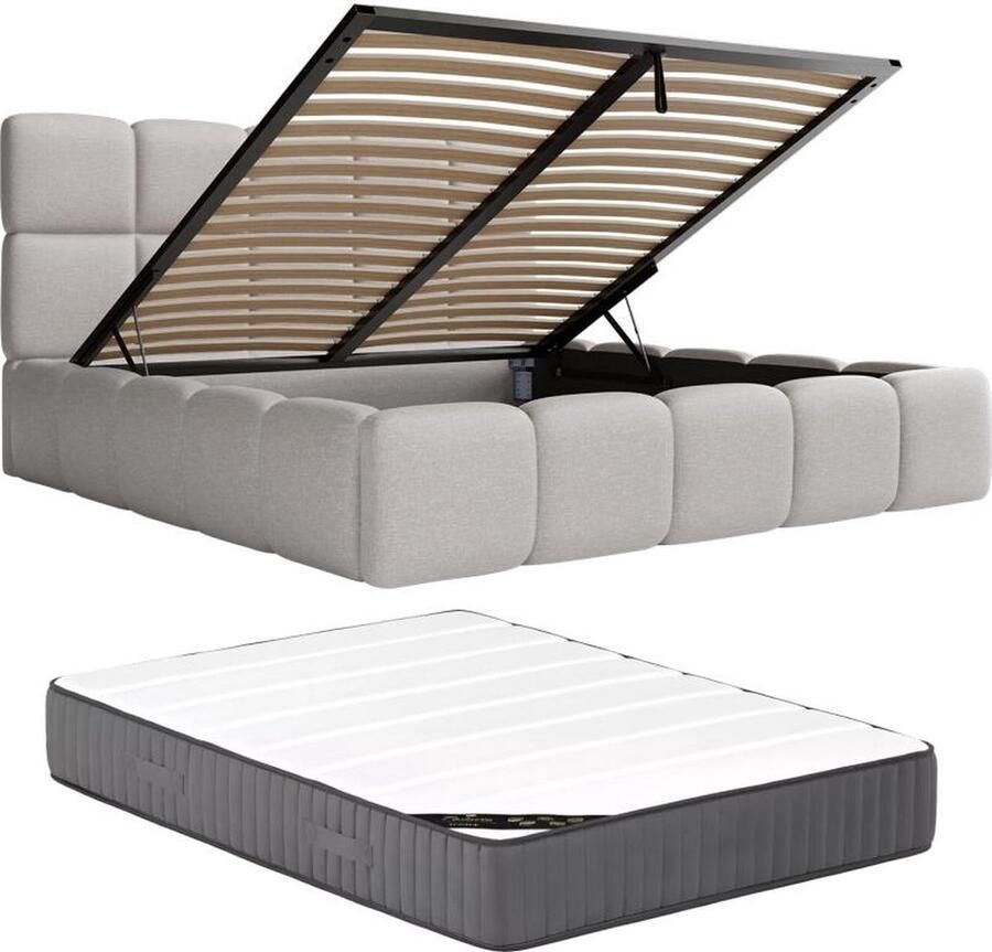 Pascal Morabito Bed met opbergruimte 160 x 200 cm Gechineerde stof Lichtgrijs + matras DAMADO van L 190 cm x H 95 cm x D 224 cm