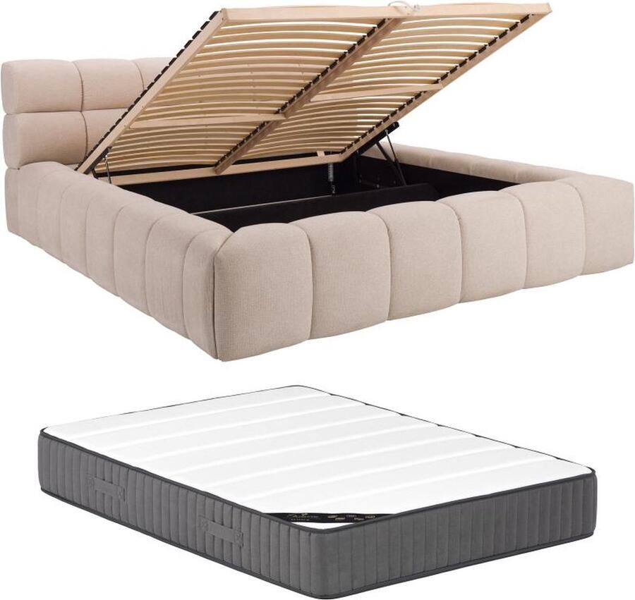 Pascal Morabito Bed met opbergruimte 200 x 200 cm Stof Beige + matras FORVIK van L 244 cm x H 95 cm x D 255 cm