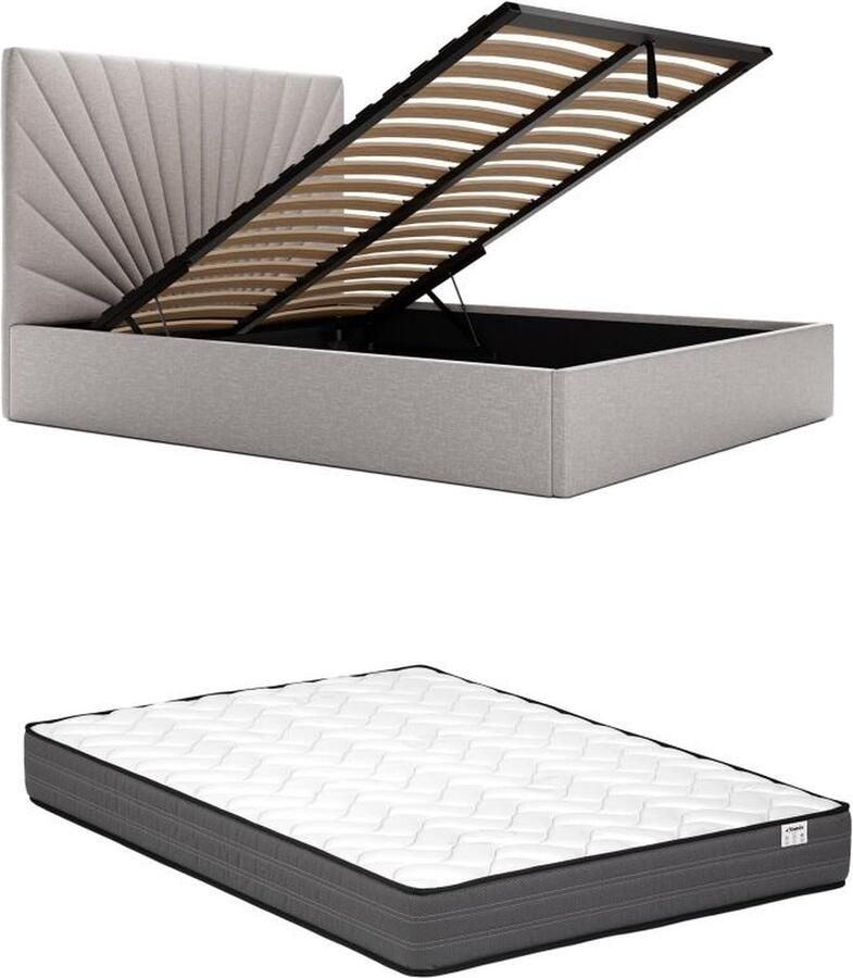 Pascal Morabito Bed met opbergruimte 180 x 200 cm Stof Lichtgrijs + matras RILIODA van L 193 cm x H 120 cm x D 214 cm
