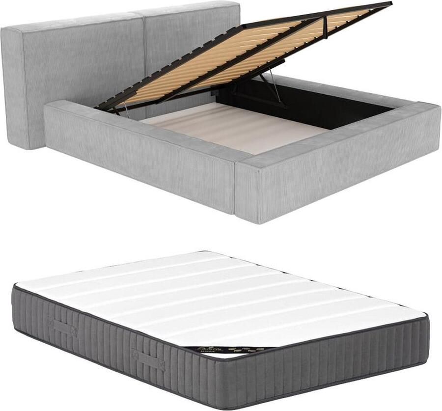 Pascal Morabito Bed met opbergruimte 200 x 200 cm Ribfluweel Lichtgrijs TIMANO van L 266 cm x H 90 cm x D 252 cm