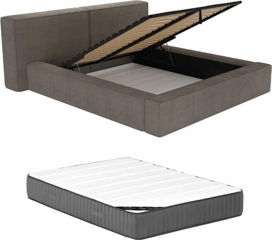 Pascal Morabito Bed met opbergruimte 200 x 200 cm Ribfluweel Taupegrijs + matras TIMANO van L 266 cm x H 90 cm x D 252 cm