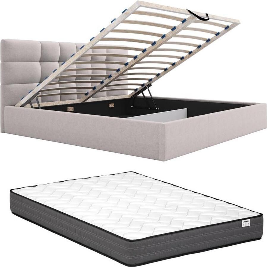 Pascal Morabito Bed met opbergruimte 200 x 200 cm Stof Beige + Matras ELIAVA van L 213 cm x H 106 cm x D 210 cm - Foto 2