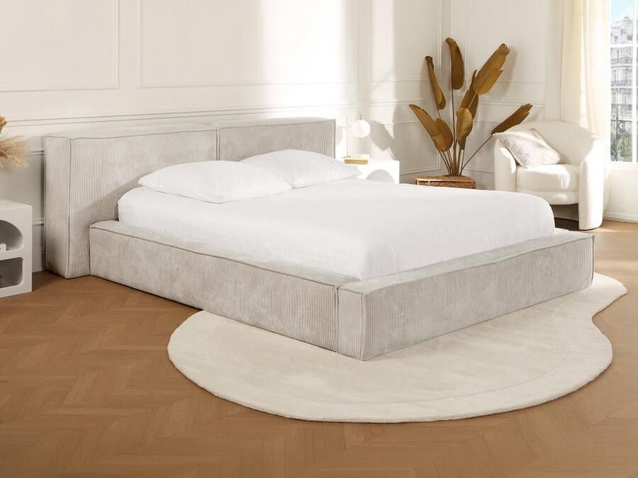 Pascal Morabito Bed met opbergruimte 200 x 200 cm Ribfluweel Beige + matras TIMANO van L 266 cm x H 90 cm x D 252 cm