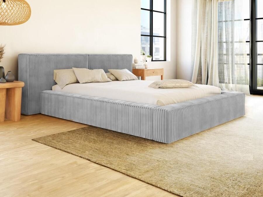 Pascal Morabito Bed met opbergruimte 180 x 200 cm Ribfluweel met brede ribbels Lichtgrijs + matras TIMANO van L 246 cm x H 90 cm x D 252 cm