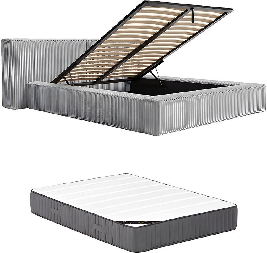 Pascal Morabito Bed met opbergruimte 140 x 190 cm Ribfluweel met brede ribbels Lichtgrijs + matras TIMANO van L 206 cm x H 90 cm x D 249 cm - Foto 2
