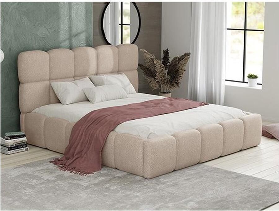 Pascal Morabito Bed met opbergruimte 200 x 200 cm Boucléstof Beige + matras DAMADO van L 230 cm x H 95 cm x D 224 cm