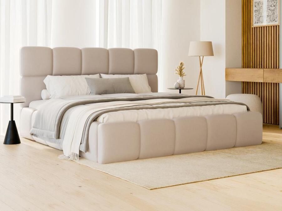 Pascal Morabito Bed met opbergruimte 160 x 200 cm Stof met leereffect Beige + matras DAMADO van L 190 cm x H 95 cm x D 224 cm