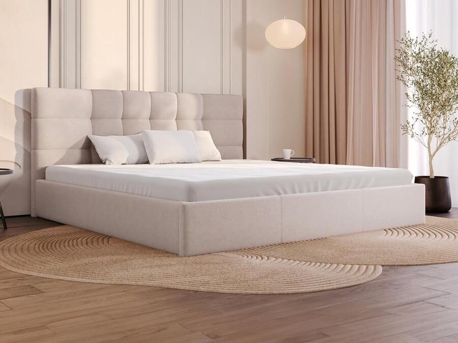 Pascal Morabito Bed met opbergruimte 200 x 200 cm Stof Beige + Matras ELIAVA van L 213 cm x H 106 cm x D 210 cm