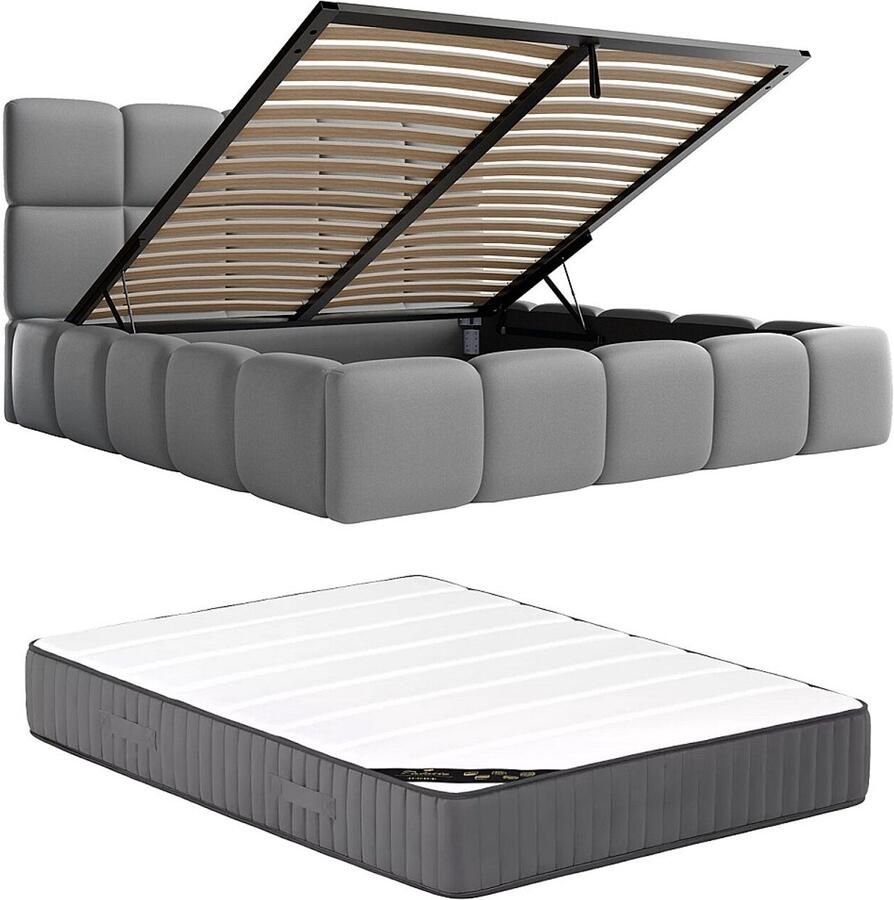 Pascal Morabito Bed met opbergruimte 140 x 190 cm Stof met leereffect Grijs + matras DAMADO van L 170 cm x H 95 cm x D 221 cm - Foto 2