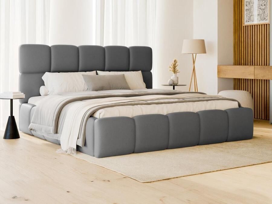 Pascal Morabito Bed met opbergruimte 160 x 120 cm Stof met leereffect Grijs DAMADO van L 190 cm x H 95 cm x D 224 cm