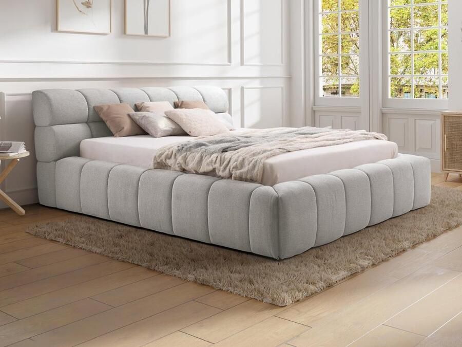 Pascal Morabito Bed met opbergruimte 180 x 200 cm Stof Lichtgrijs + matras FORVIK van L 224 cm x H 95 cm x D 255 cm