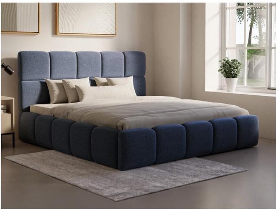 Pascal Morabito Bed met opbergruimte 140 x 190 cm Stof met textuur Nachtblauw + matras DAMADO van L 170 cm x H 95 cm x D 221 cm