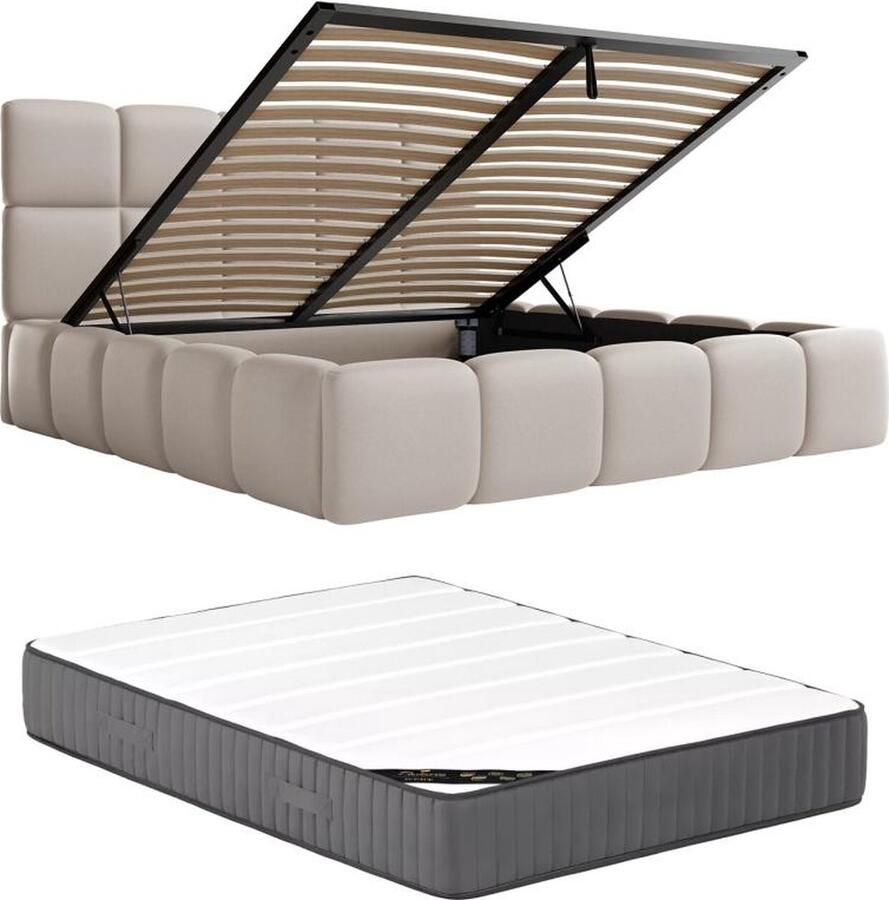Pascal Morabito Bed met opbergruimte 140 x 190 cm Stof met leereffect Beige + matras DAMADO van L 170 cm x H 95 cm x D 221 cm