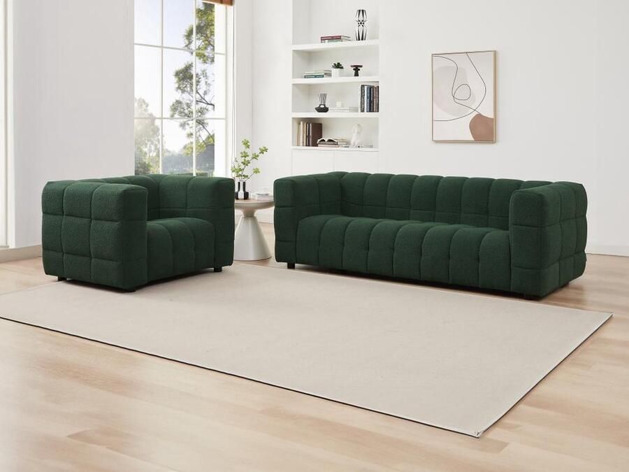 Pascal Morabito Driezitsbank en fauteuil van groene boucléstof LERICI van L 213 cm x H 72 cm x D 89 cm