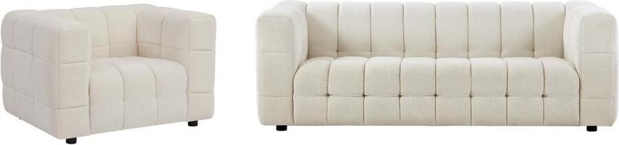 Pascal Morabito Driezitsbank en fauteuil van ivoorwitte boucléstof LERICI van L 213 cm x H 72 cm x D 89 cm