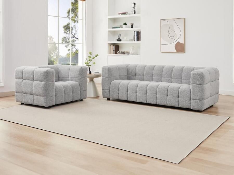 Pascal Morabito Driezitsbank en fauteuil van lichtgrijze boucléstof LERICI van L 213 cm x H 72 cm x D 89 cm