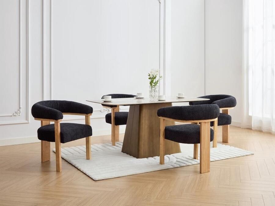 Pascal Morabito Fauteuil met armleuningen van boucléstof en heveahout Zwart en naturel LIVELIA van L 64 cm x H 78 cm x D 60 cm - Foto 3