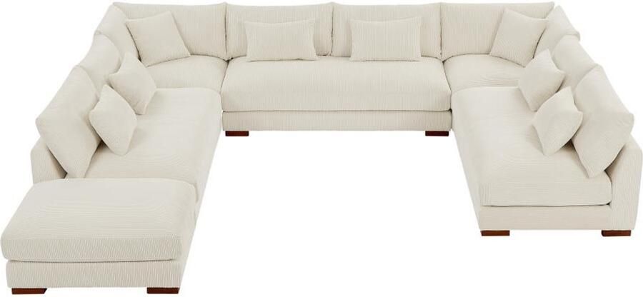 Pascal Morabito Grote hoekbank en poef van beige ribfluweel SPERONE van L 375 cm x H 85 cm x D 274 cm