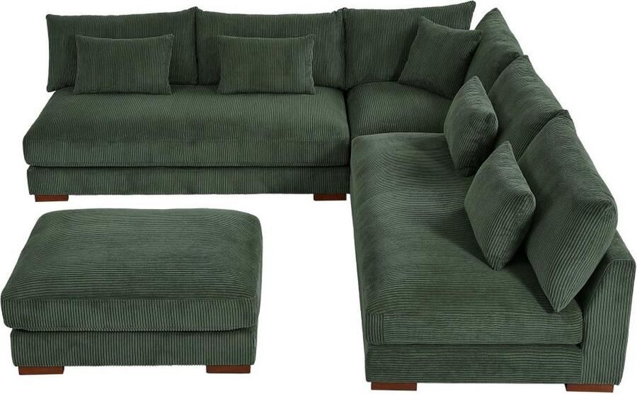 Pascal Morabito Grote omkeerbare hoekbank en poef van groen ribfluweel SPERONE van L 275 cm x H 85 cm x D 275 cm