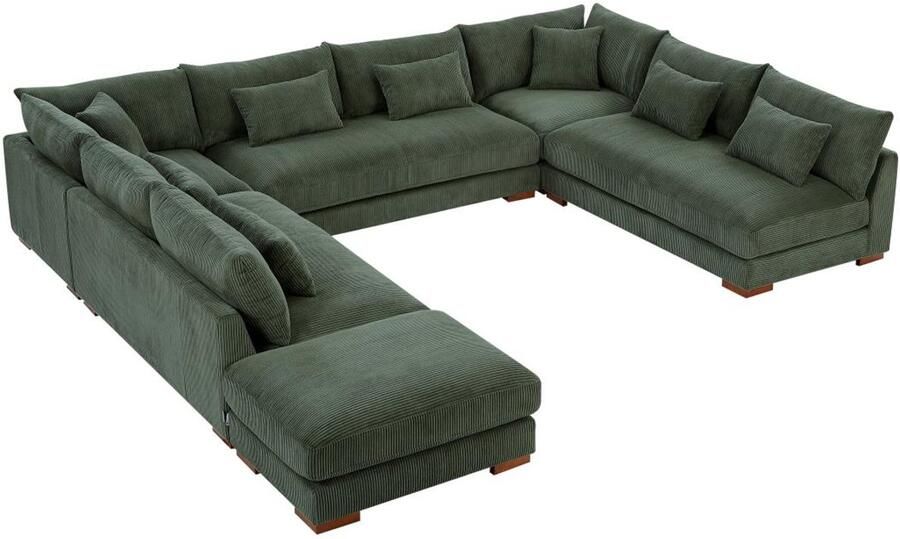 Pascal Morabito Grote panoramische hoekbank en poef van groen ribfluweel SPERONE van L 375 cm x H 85 cm x D 274 cm - Foto 2