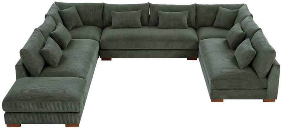 Pascal Morabito Grote panoramische hoekbank en poef van groen ribfluweel SPERONE van L 375 cm x H 85 cm x D 274 cm