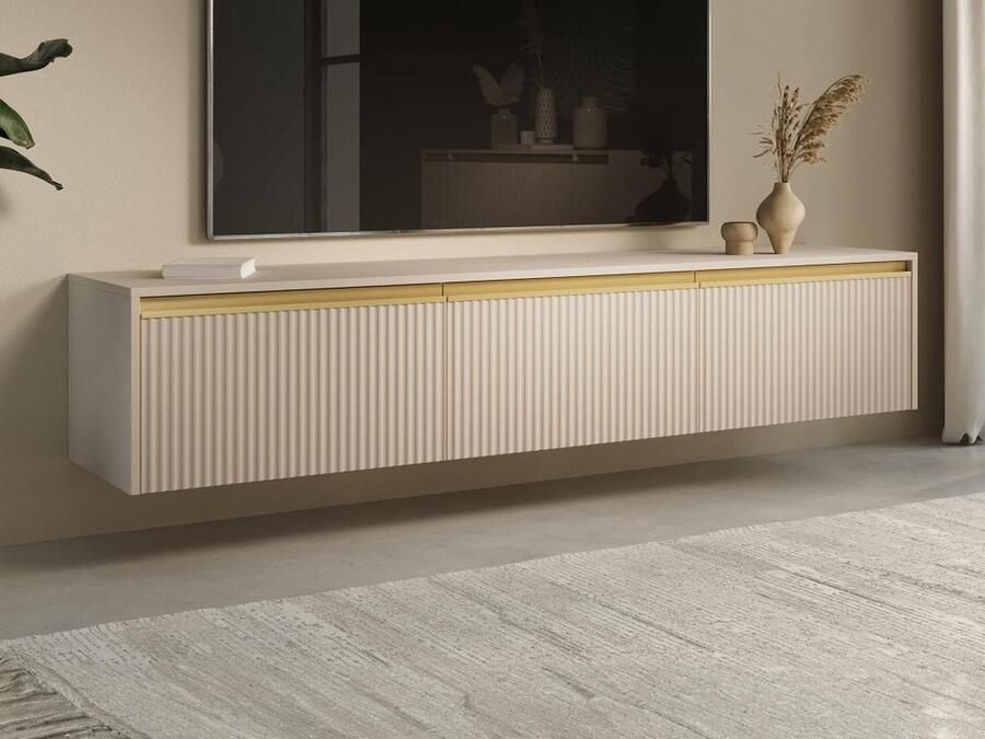 Pascal Morabito Hangend of staand tv-meubel met 3 deurtjes van mdf Beige en goudkleurig POSINIA van L 181.5 cm x H 42 cm x D 39 cm