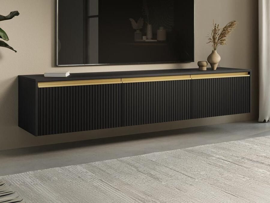 Pascal Morabito Hangend of staand tv-meubel met 3 deurtjes van mdf Zwart en goudkleurig POSINIA van L 181.5 cm x H 42 cm x D 39 cm
