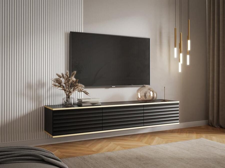 Pascal Morabito Hangend tv-meubel met 3 deurtjes van mdf Zwart en goud ALESAR van L 170 cm x H 30 cm x D 35 cm