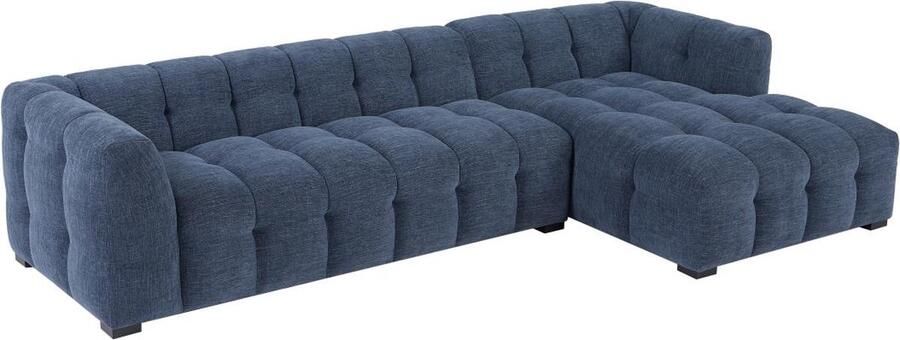 Pascal Morabito Hoekslaapbank met hoek rechts van gechineerde blauwe stof DILOME van L 314 cm x H 68 cm x D 168 cm