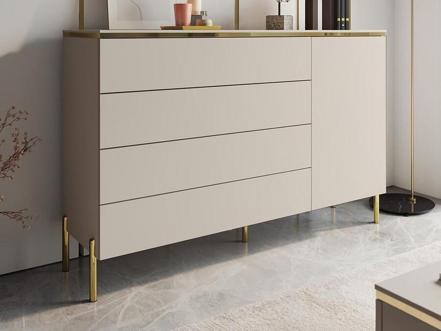 Pascal Morabito Ladekast met 4 lades en 1 kastje Beige en goudkleurig VUKIA van L 137.6 cm x H 91 cm x D 39.6 cm