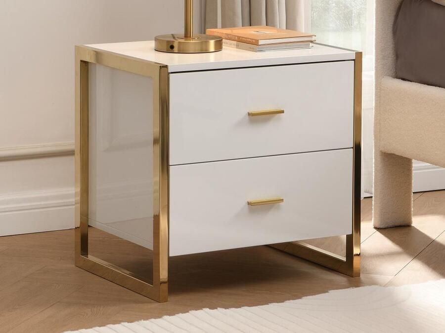 Pascal Morabito Nachtkastje met 2 lades Mdf Wit gelakt en goud OMBRELIA van L 50 cm x H 50 cm x D 40 cm