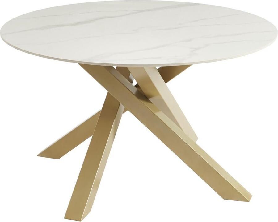 Pascal Morabito Ronde eettafel voor 4 personen in keramiek en goudkleurig metaal Witte marmerlook LENUMIA van L 130 cm x H 76 cm x D 130 cm