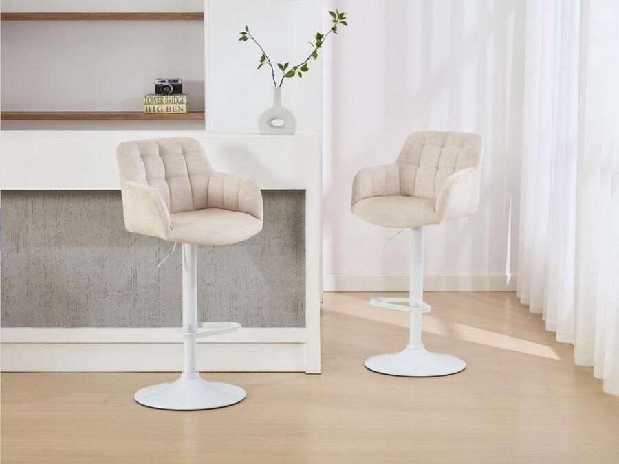 Pascal Morabito Set van 2 barkrukken van velours en wit metaal Afstelbare hoogte Crèmewit PEGA van L 50 cm x H 113 cm x D 49 cm - Foto 2