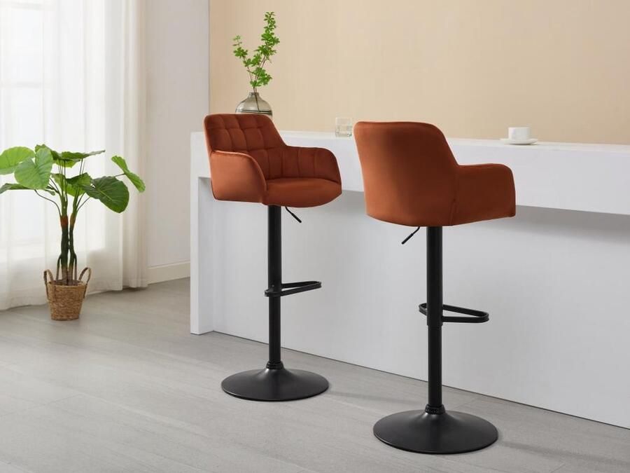 Pascal Morabito Set van 2 barkrukken van velours en zwart metaal Afstelbare hoogte Terracotta PEGA van L 50 cm x H 113 cm x D 49 cm