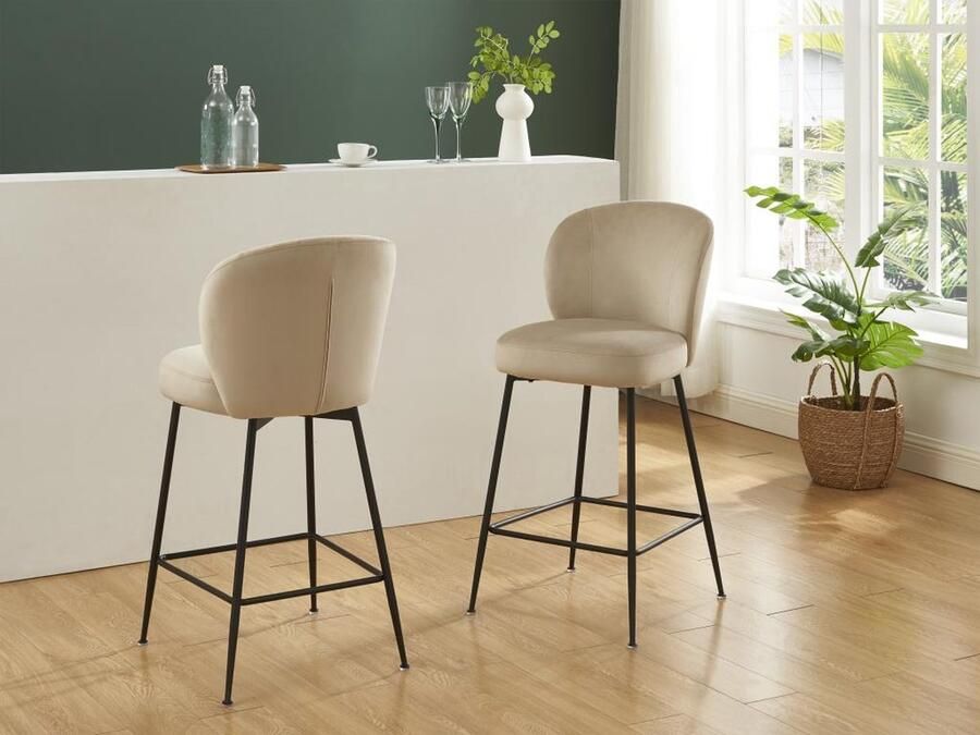 Pascal Morabito Set van 2 barkrukken van velours en zwart metaal Beige POLPONA L 44 cm x H 96.5 cm x D 56 cm