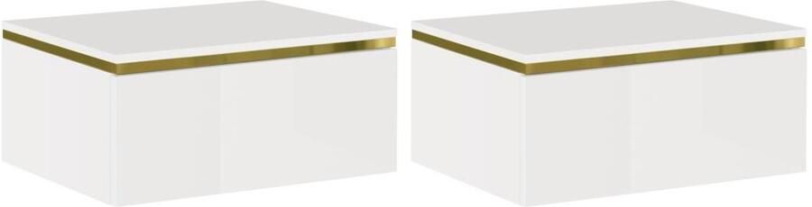 Pascal Morabito Set van 2 hangende nachtkastjes met 1 lade Hoogglans wit en goud VUKIA van